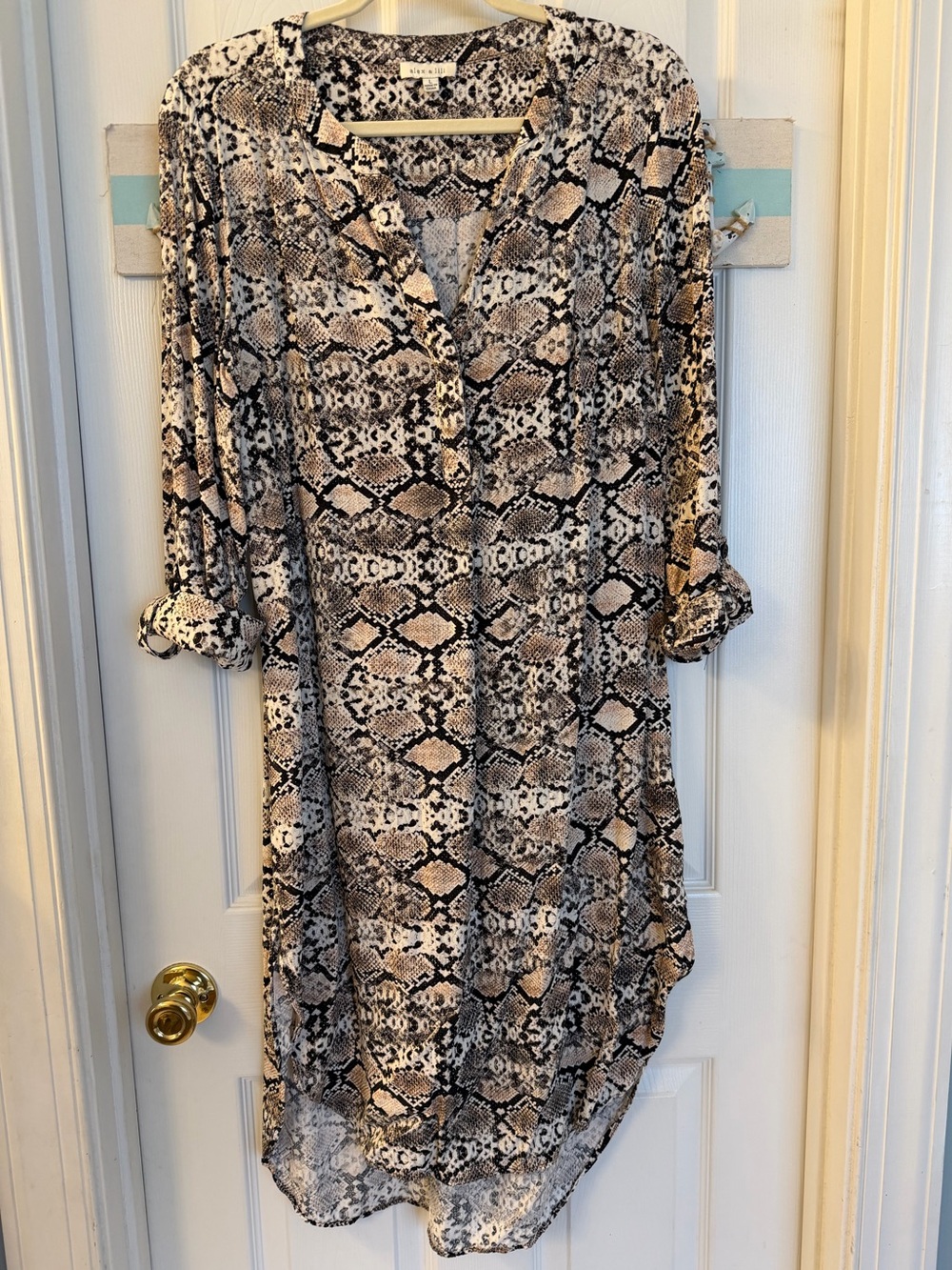Alex & Lili shirt dress neutral snake print button V-front & rolled sleeves Sz L